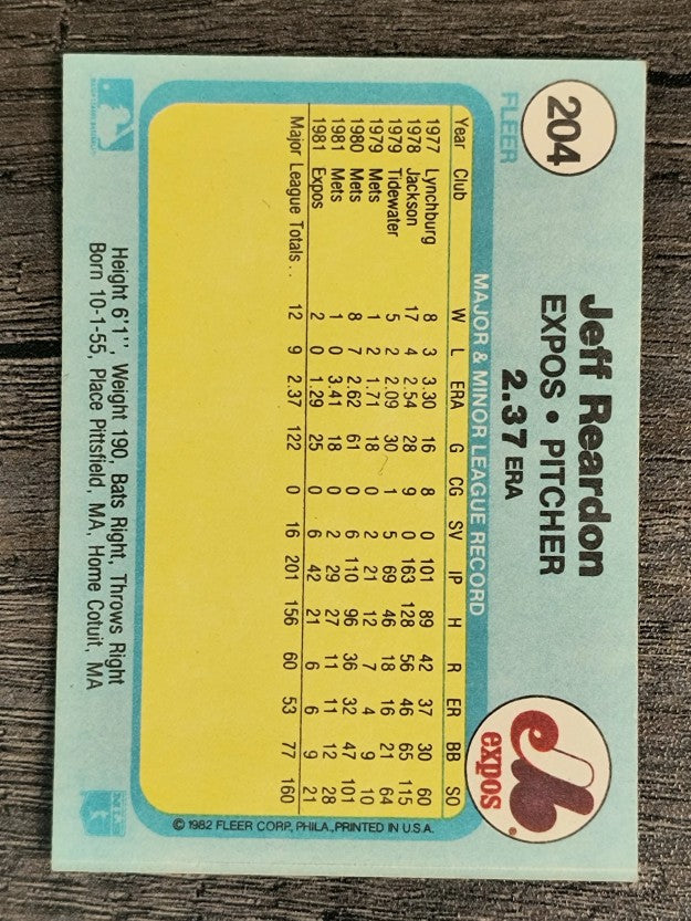 1982 Fleer #204 Jeff Reardon