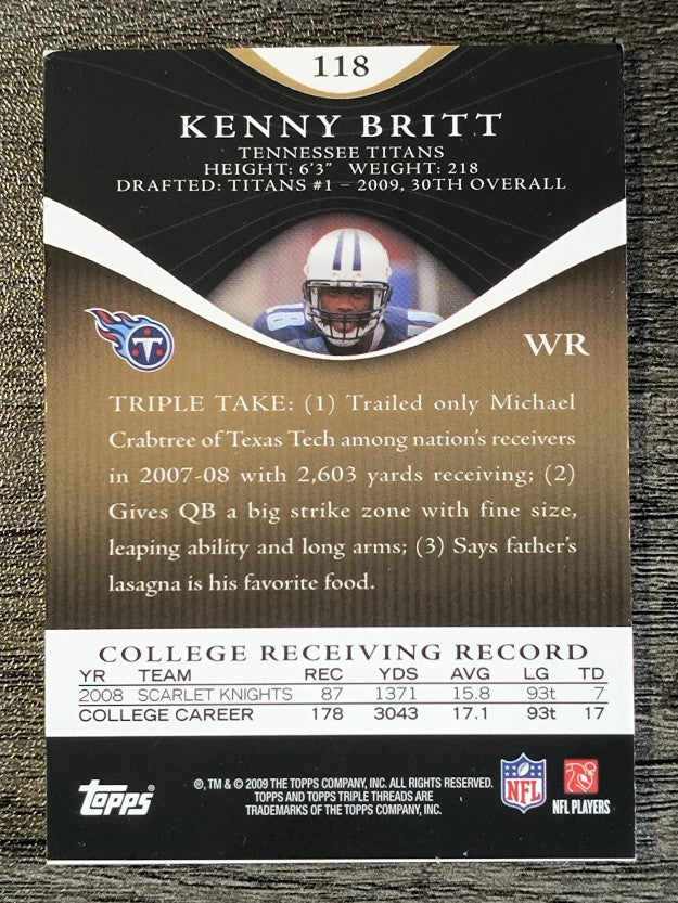 2009 Topps Triple Threads Rookie Autographed Relic Prime Sepia Kenny Britt/30