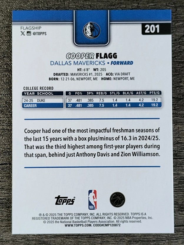 2025-26 Topps #201 Cooper Flagg RC