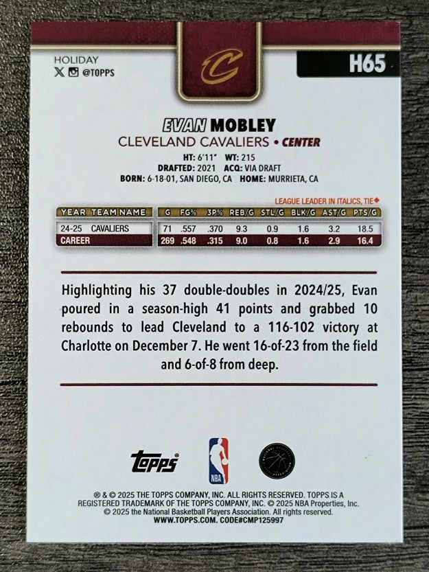 2025-26 Topps Holiday Blue Metallic Glitter Holiday #H65 Evan Mobley