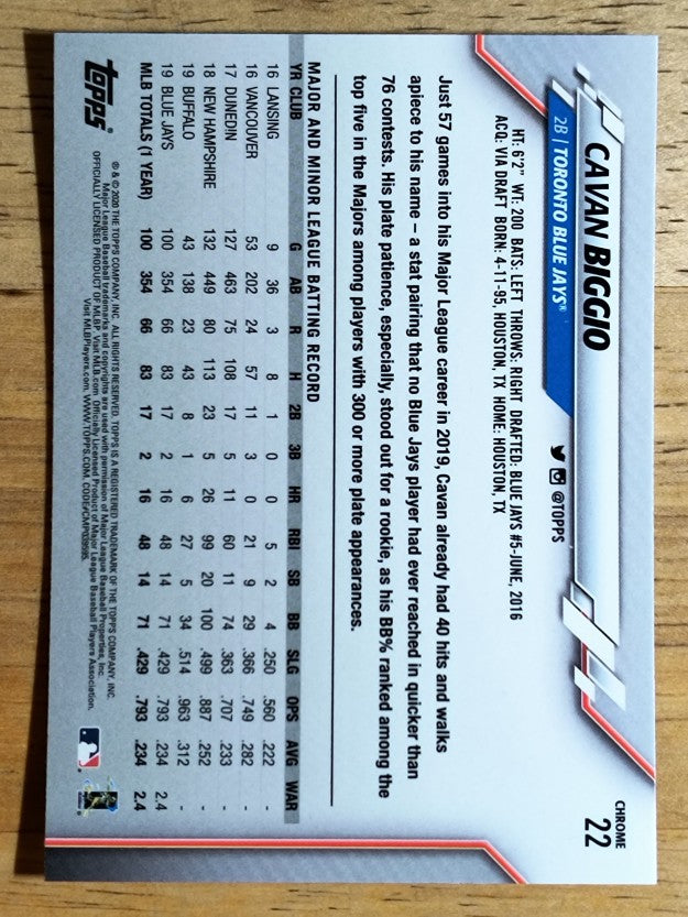 2020 Topps Chrome #22 Cavan Biggio
