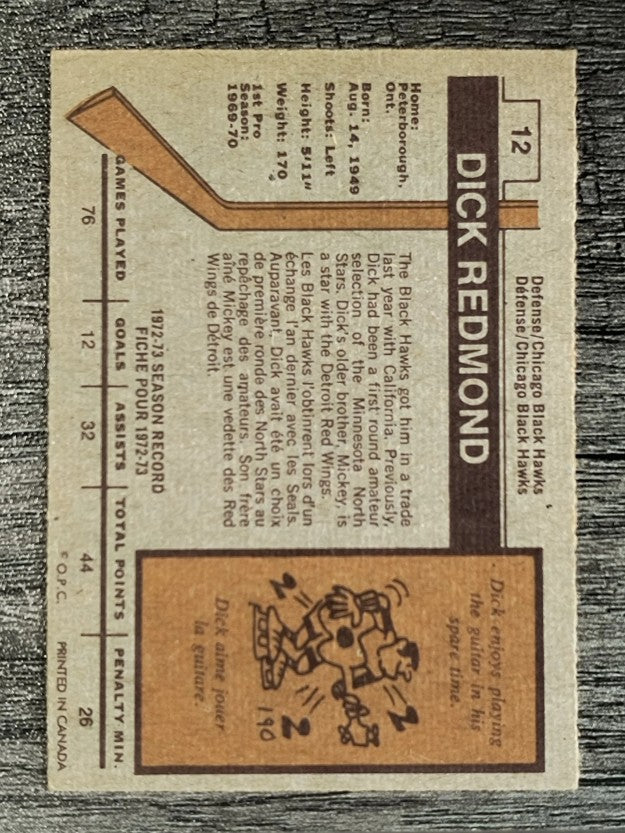 1973-74 O-Pee-Chee #12 Dick Redmond (EXMT)