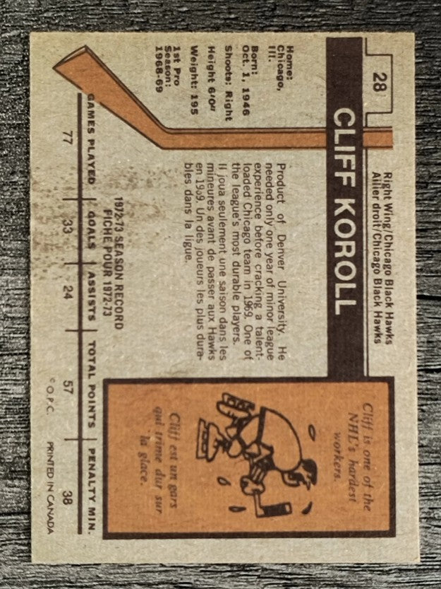 1973-74 O-Pee-Chee #28 Cliff Koroll (EX)