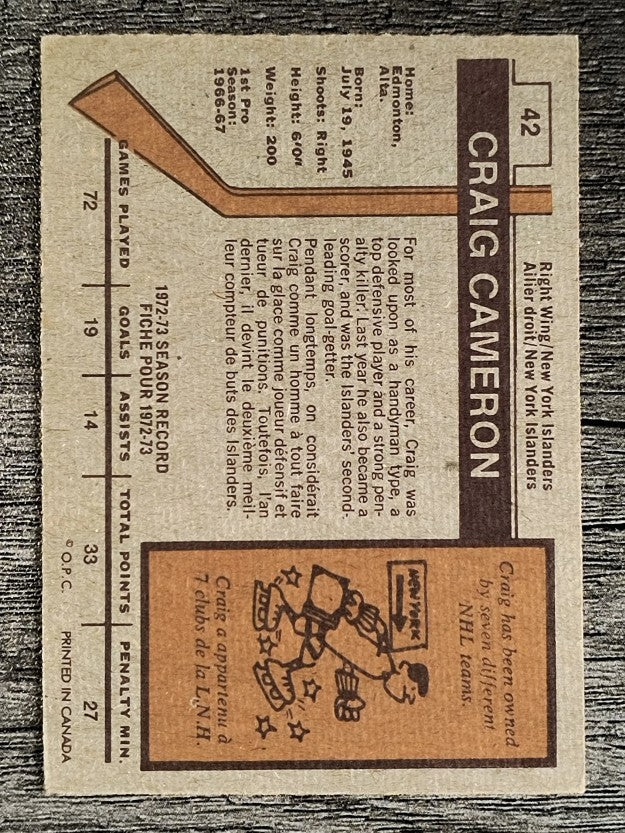 1973-74 O-Pee-Chee #42 Craig Cameron (VGEX)