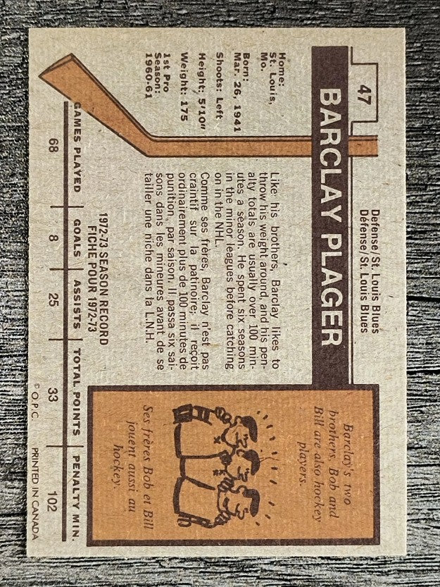1973-74 O-Pee-Chee #47 Barclay Plager (EXMT)