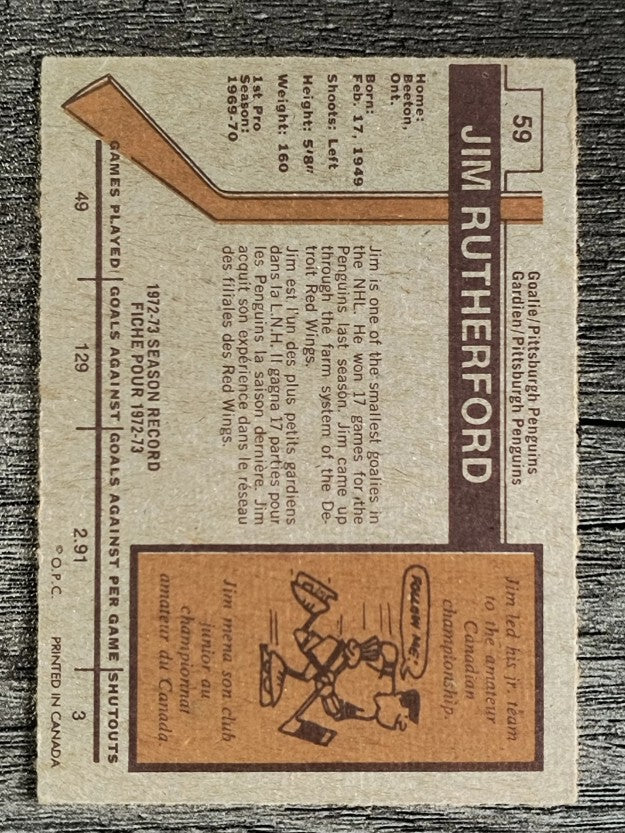 1973-74 O-Pee-Chee #59 Jim Rutherford (VGEX)