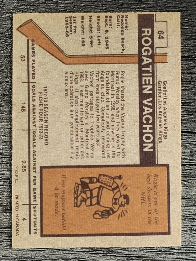 1973-74 O-Pee-Chee #64 Rogatien Vachon (EXMT)
