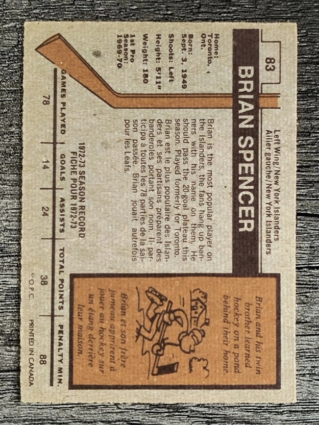 1973-74 O-Pee-Chee #83 Brian Spencer (EXMT)