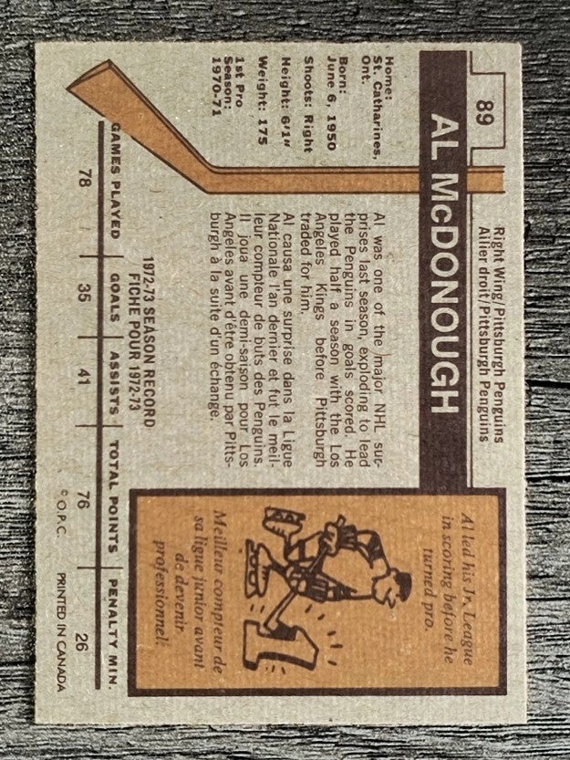 1973-74 O-Pee-Chee #89 Al McDonough (EXMT)
