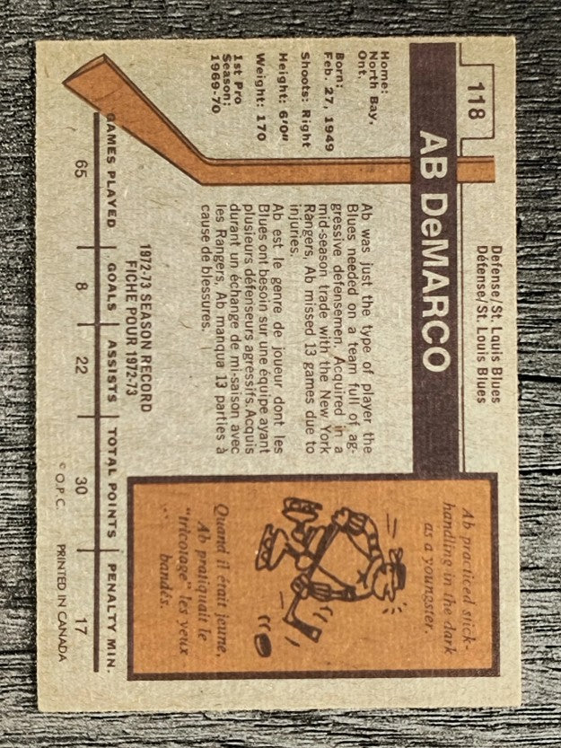 1973-74 O-Pee-Chee #118 Ab DeMarco (EXMT)