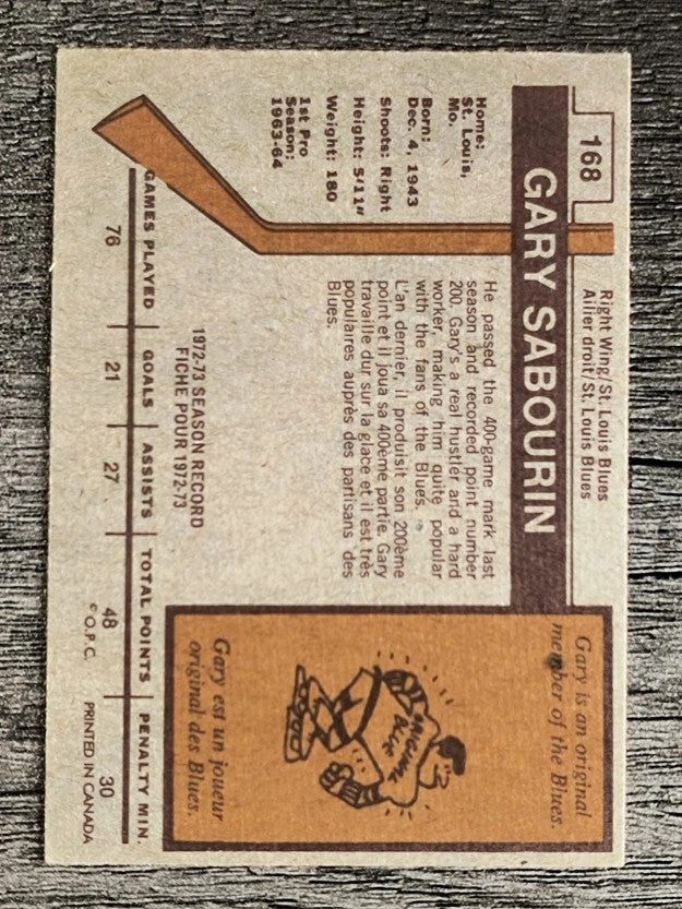 1973-74 O-Pee-Chee #168 Gary Sabourin (EX)