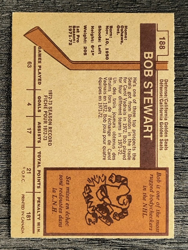 1973-74 O-Pee-Chee #188 Bob Stewart RC (EXMT)