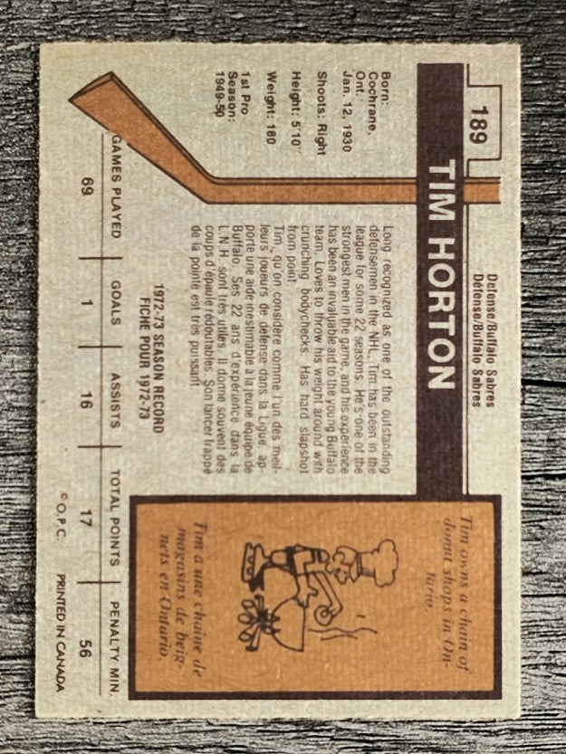 1973-74 O-Pee-Chee #189 Tim Horton (EXMT)