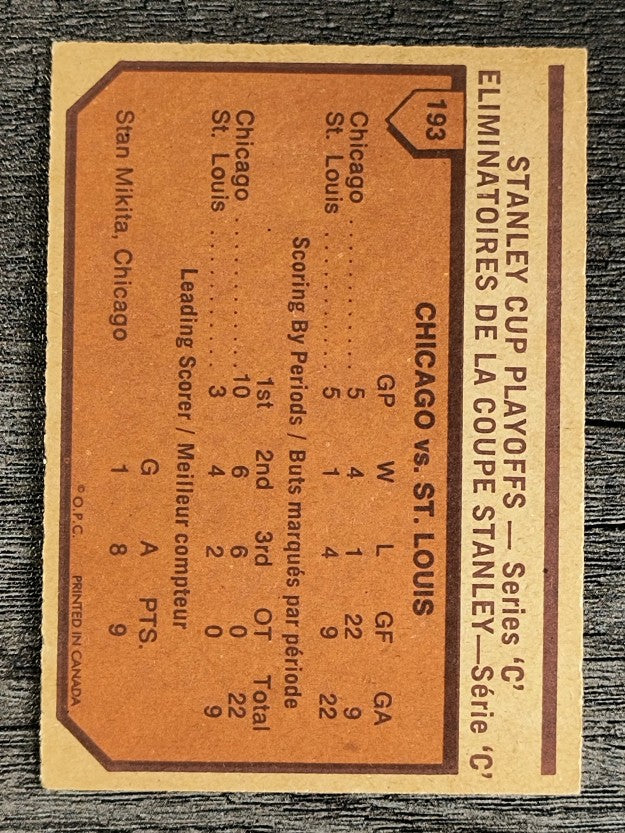 1973-74 O-Pee-Chee #193 Series C/Blackhawks 4/Blues 1 (EXMT)