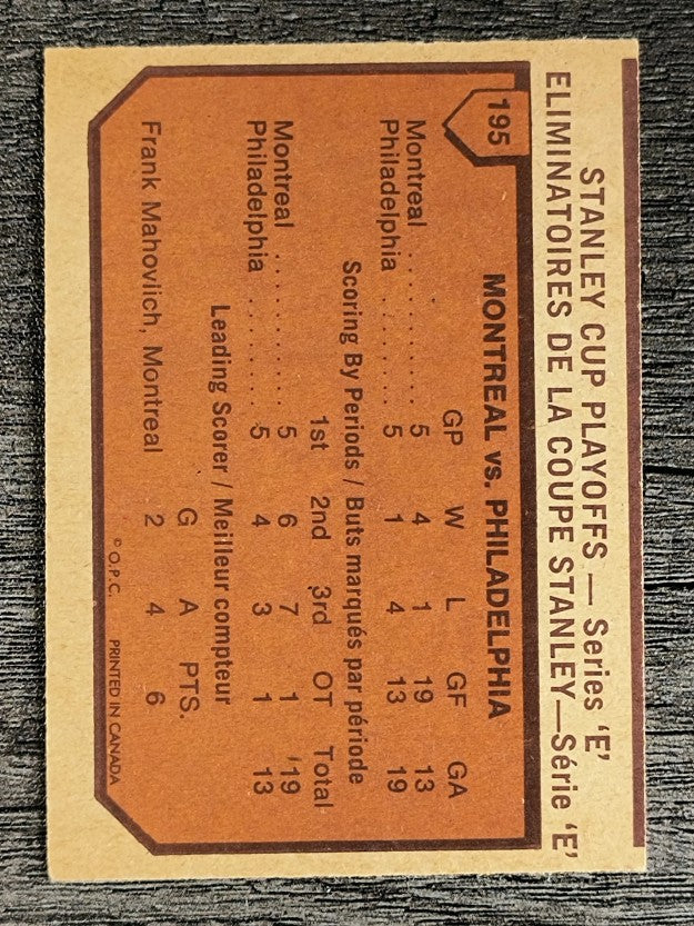 1973-74 O-Pee-Chee #195 Series E/Canadiens 4/Flyers 1 (EXMT)