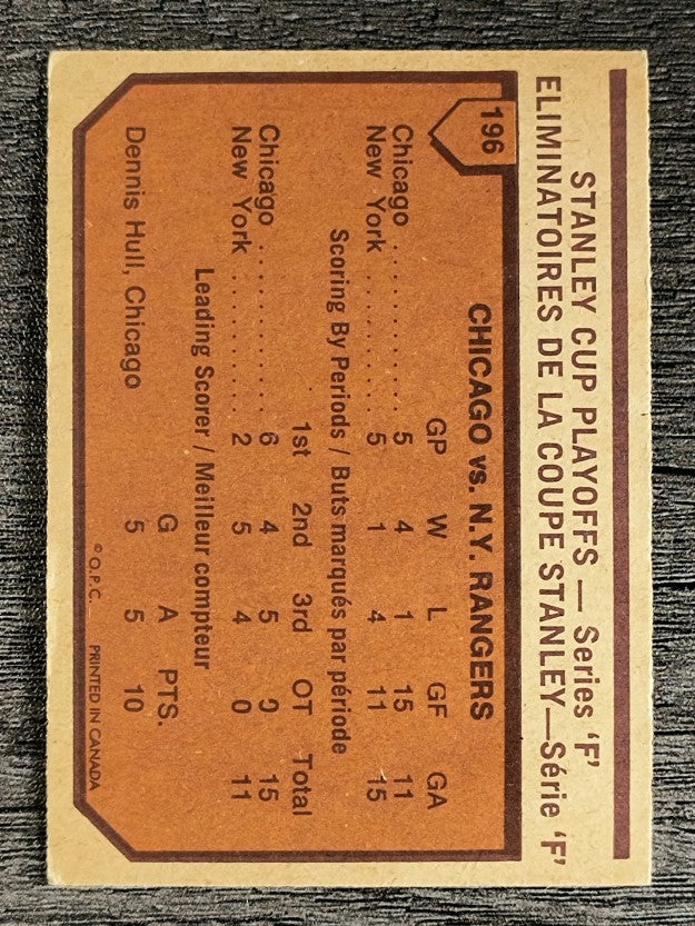 1973-74 O-Pee-Chee #196 Series F/Blackhawks 4/Rangers 1 (EX)