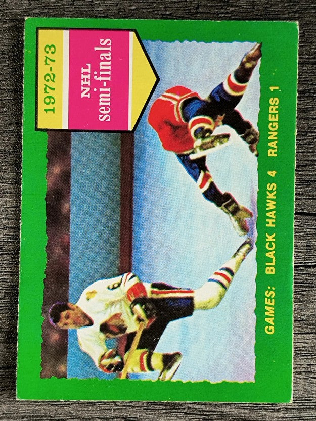 1973-74 O-Pee-Chee #196 Series F/Blackhawks 4/Rangers 1 (EX)