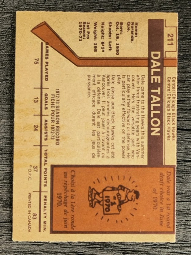 1973-74 O-Pee-Chee #211 Dale Tallon (EX)