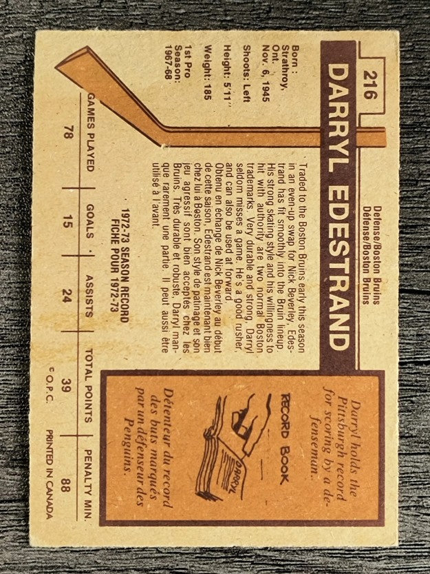1973-74 O-Pee-Chee #216 Darryl Edestrand (VG)