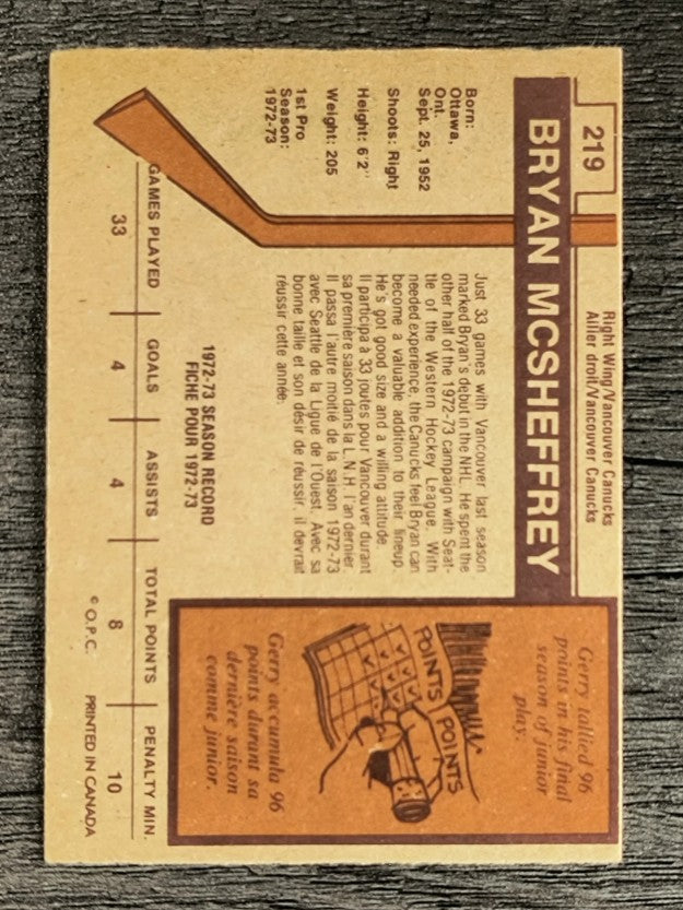 1973-74 O-Pee-Chee #219 Bryan McSheffrey RC (EX)