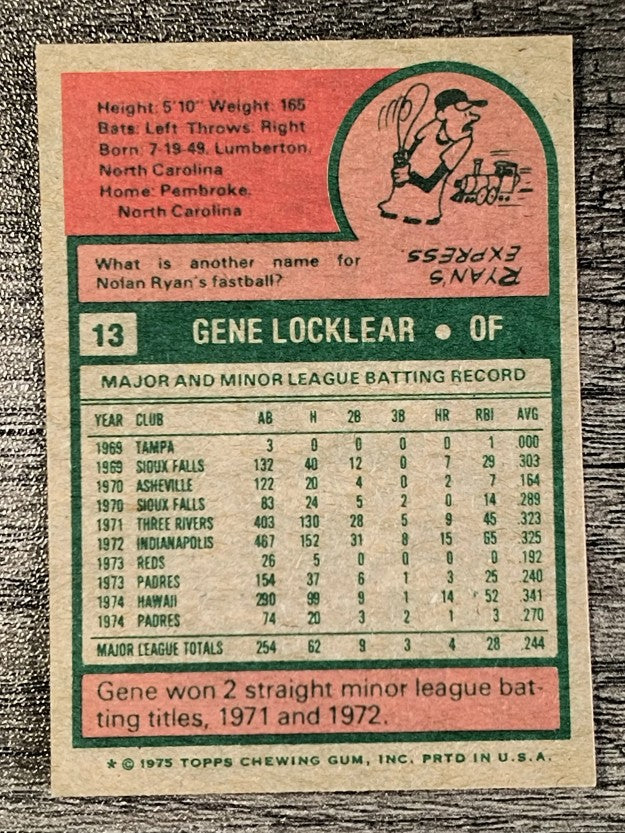1975 Topps Mini #13 Gene Locklear RC (NM)