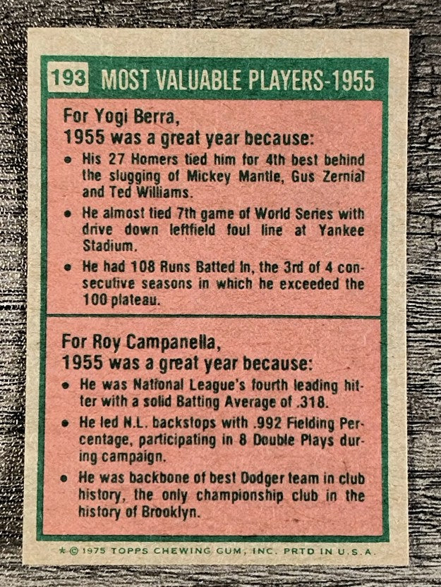 1975 Topps Mini #193 Yogi Berra/Roy Campanella MVP (NMMT)