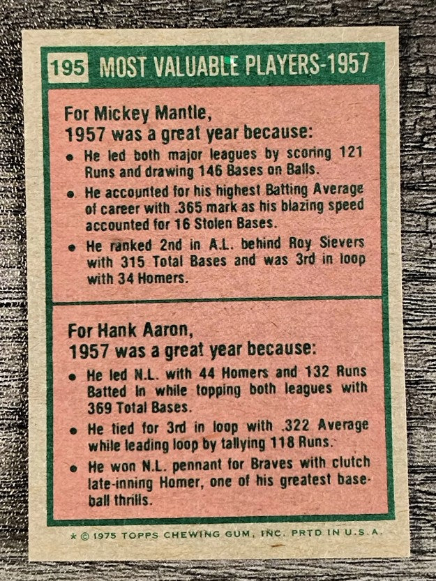 1975 Topps Mini #195 Mickey Mantle/Hank Aaron MVP (NM)