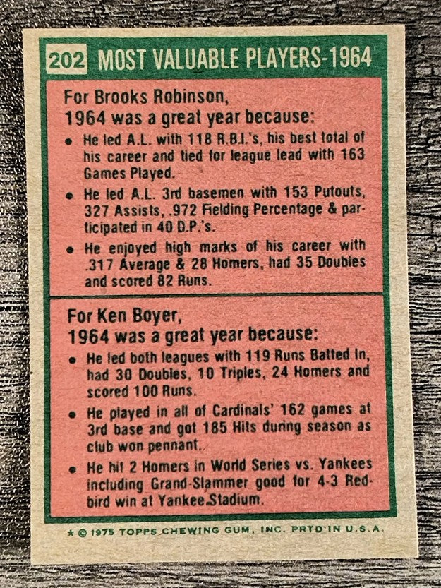 1975 Topps Mini #202 Brooks Robinson/Ken Boyer MVP (NM)