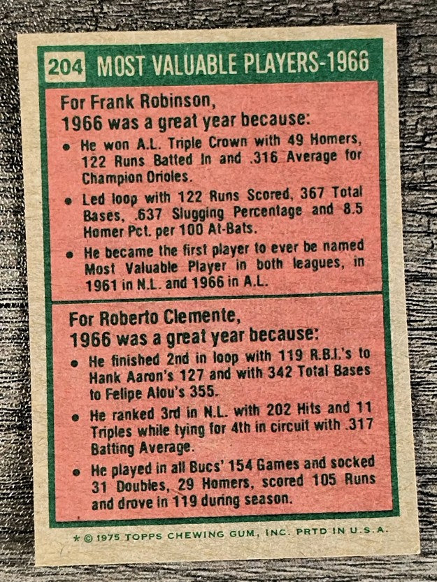 1975 Topps Mini #204 Frank Robinson/Bob Clemente MVP (NM)