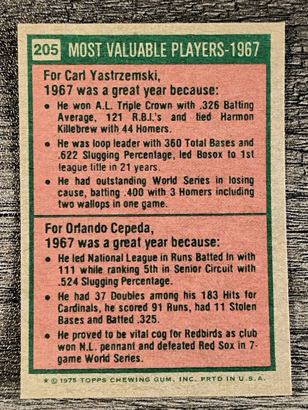 1975 Topps Mini #205 Carl Yastrzemski/Orlando Cepeda MVP (NM)
