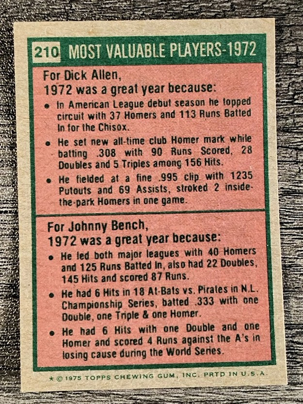 1975 Topps Mini #210 Rich Allen/Johnny Bench MVP (NMMT)