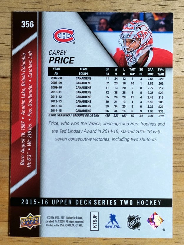 2015-16 Upper Deck #356 Carey Price