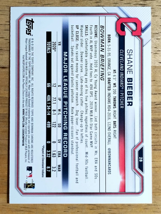 2021 Bowman #28 Shane Bieber