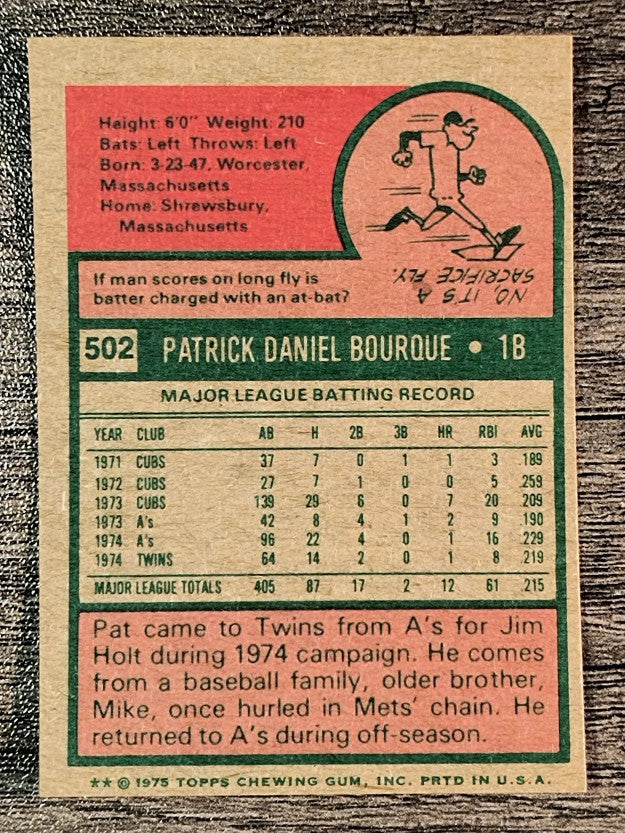 1975 Topps Mini #502 Pat Bourque (EX)