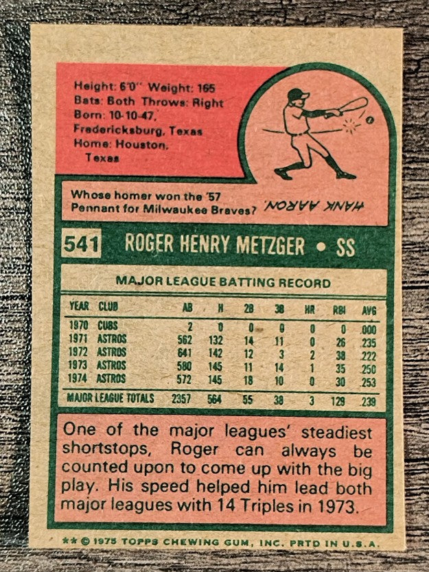 1975 Topps Mini #541 Roger Metzger (EX)