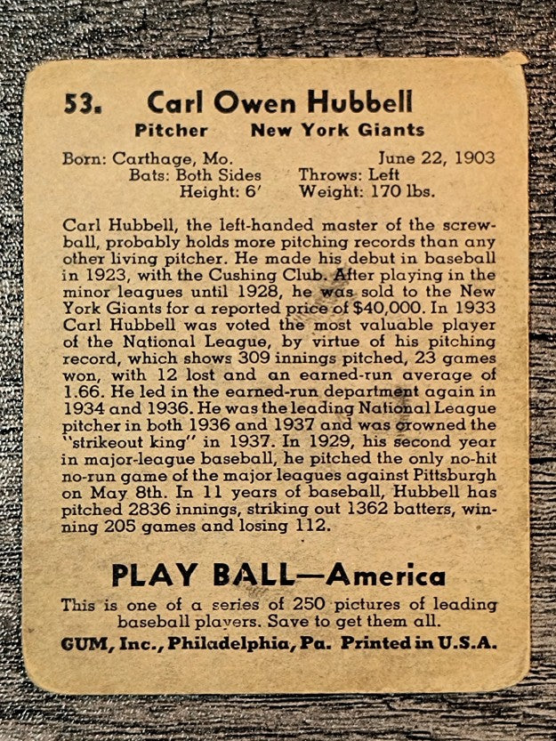 1939 Play Ball #53 Carl Hubbell (GOOD)
