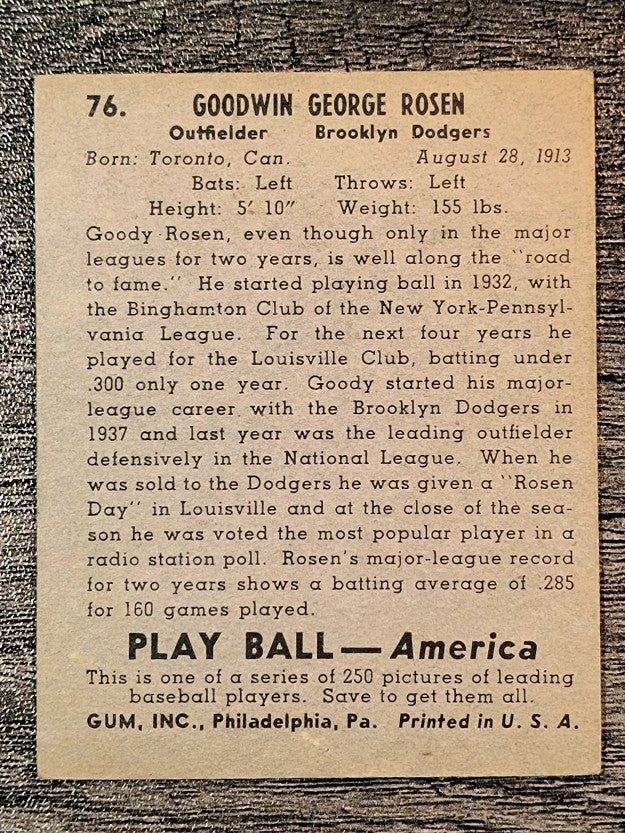1939 Play Ball #76 Goody Rosen RC (EX)