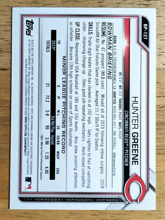 2021 Bowman Prospects #BP127 Hunter Greene