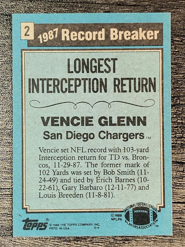 1988 Topps #2 Vencie Glenn RB/Longest Interception/Return