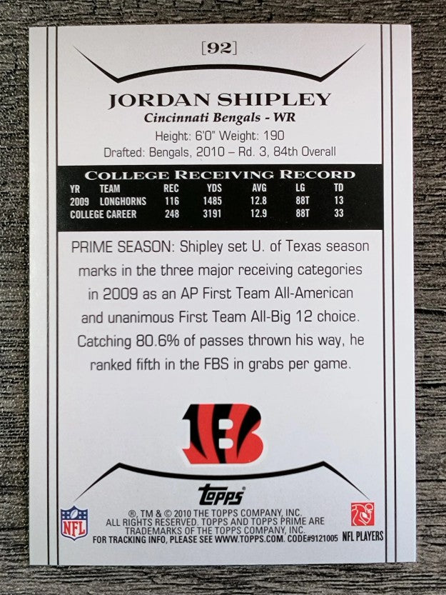 2010 Topps Prime Retail #92 Jordan Shipley RC