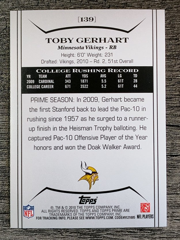 2010 Topps Prime Retail #139 Toby Gerhart RC