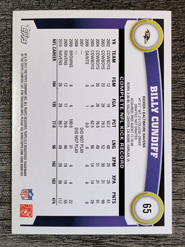 2011 Topps #65 Billy Cundiff