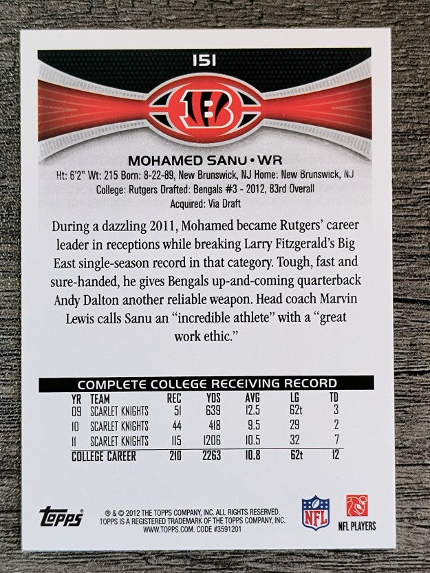 2012 Topps #151A Mohamed Sanu RC/wearing helmet