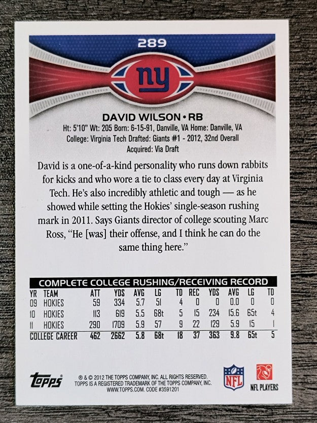 2012 Topps #289A David Wilson RC/crowd in background