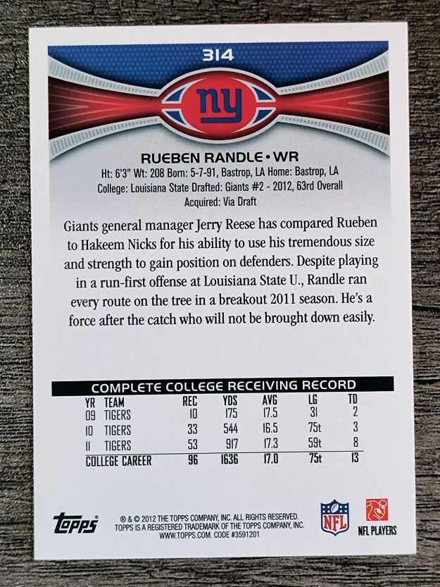 2012 Topps #314A Rueben Randle RC/left arm down