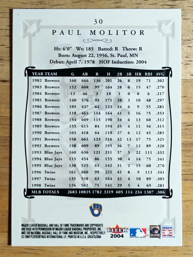 2004 Greats of the Game #30 Paul Molitor Brewers