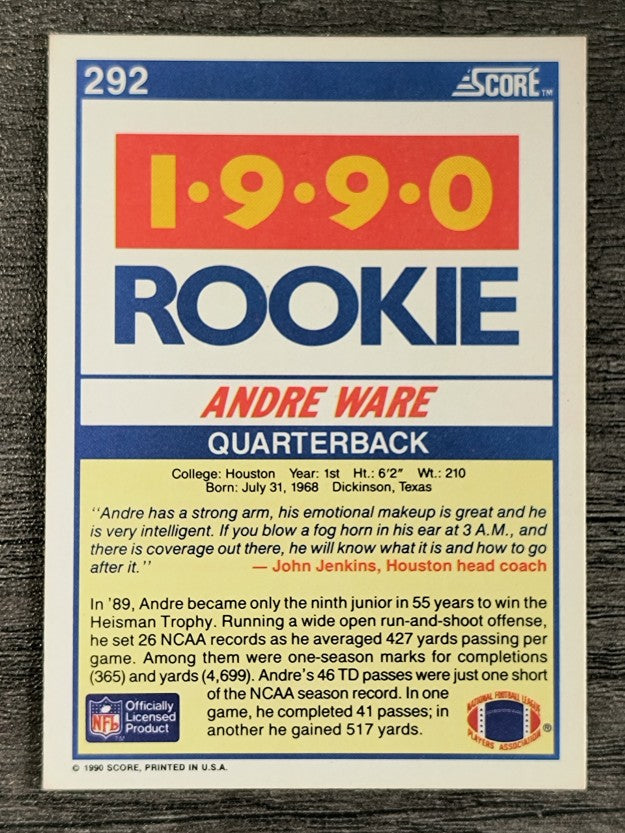 1990 Score #292 Andre Ware RC