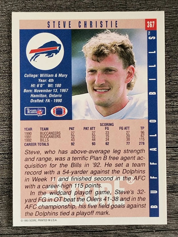 1993 Score #367 Steve Christie