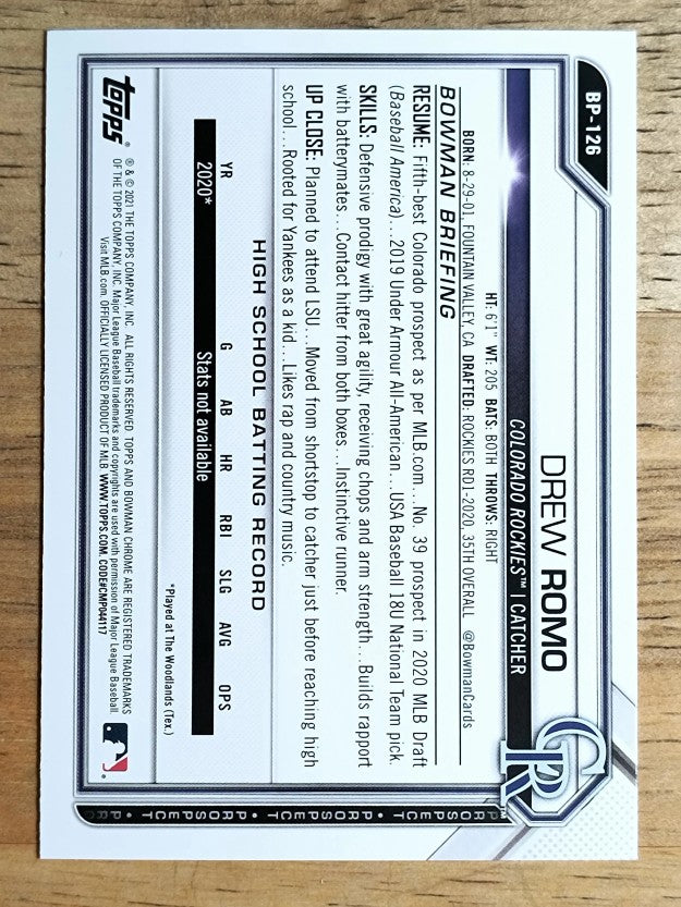 2021 Bowman Prospects #BP126 Drew Romo