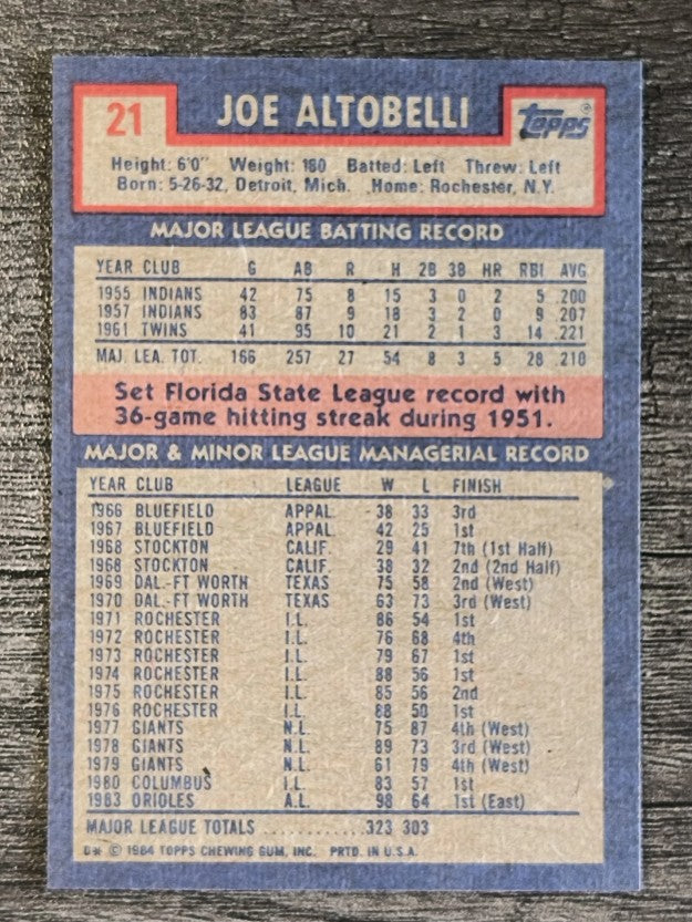 1984 Topps #21 Joe Altobelli MG
